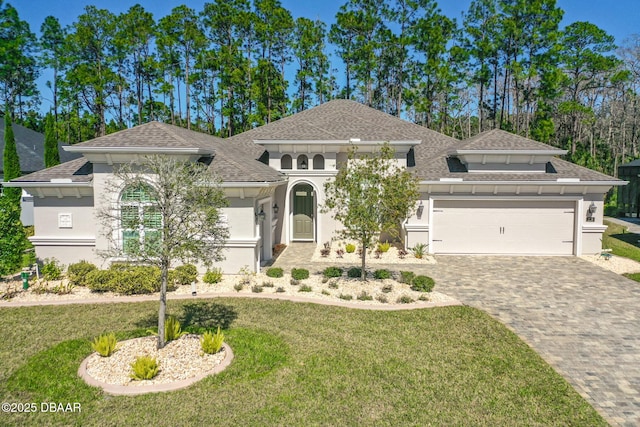 mediterranean / spanish house with roof with shingles, an attached garage, decorative driveway, a front yard, and stucco siding