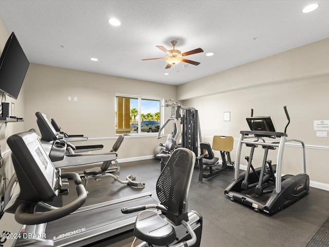 3721 S Atlantic Ave Unit 207, Daytona Beach Shores, FL 32118 - exercise room with ceiling fan, recessed lighting, and a textured ceiling