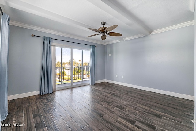 unfurnished room featuring ceiling fan, dark hardwood / wood-style flooring, crown molding, and beamed ceiling