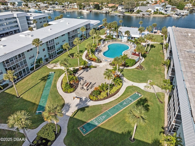 drone / aerial view with a water view