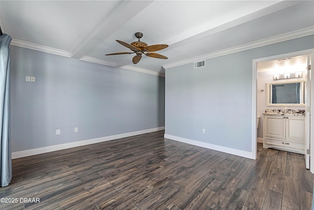 empty room with crown molding, sink, dark hardwood / wood-style floors, ceiling fan, and beam ceiling