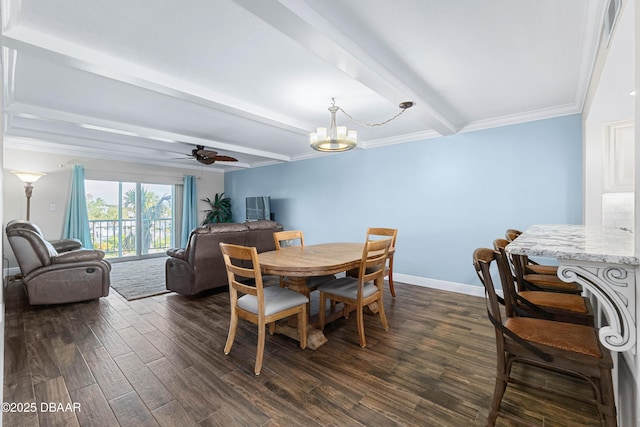 dining space featuring ceiling fan with notable chandelier, dark hardwood / wood-style floors, ornamental molding, and beamed ceiling