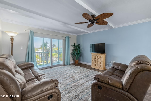 living room with ceiling fan, crown molding, beam ceiling, and hardwood / wood-style flooring