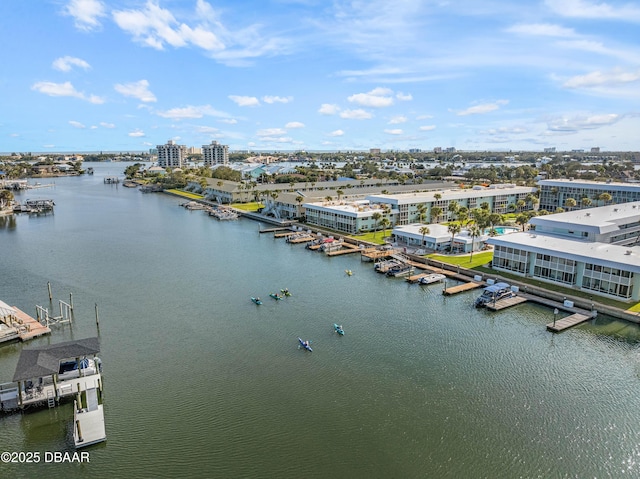 bird's eye view with a water view