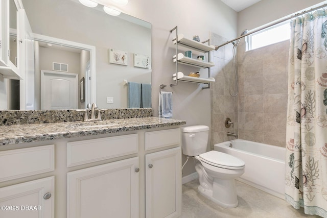 full bath with tile patterned flooring, toilet, vanity, visible vents, and shower / bath combination with curtain