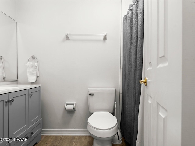 bathroom with vanity, wood-type flooring, toilet, and a shower with shower curtain