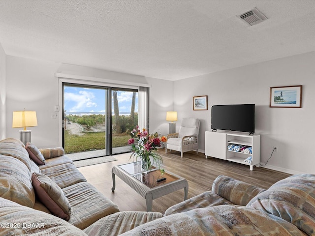 living room with hardwood / wood-style flooring and a textured ceiling