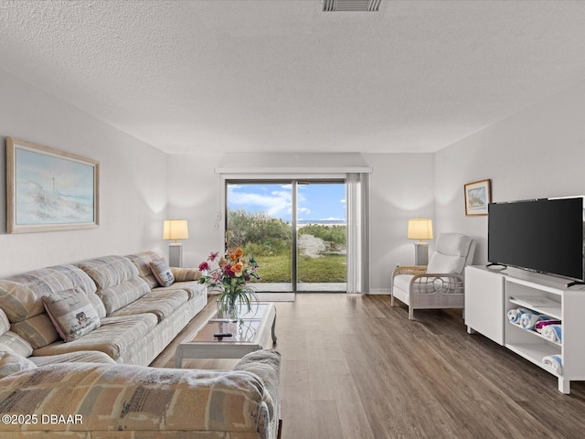 living room with hardwood / wood-style flooring and a textured ceiling