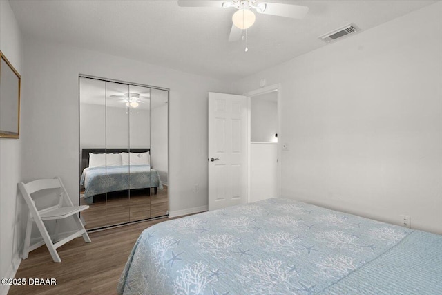 bedroom featuring hardwood / wood-style floors, ceiling fan, and a closet