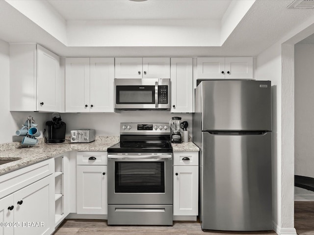 kitchen featuring light stone counters, stainless steel appliances, a tray ceiling, and white cabinets