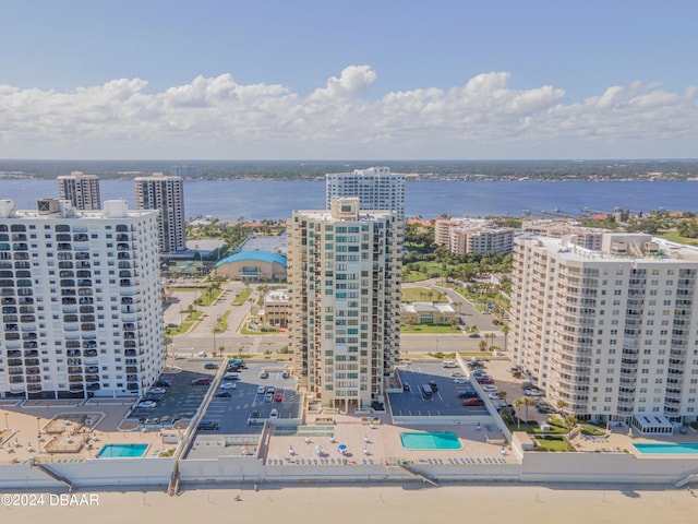 aerial view featuring a water view