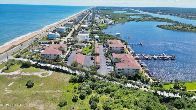 drone / aerial view with a water view and a view of the beach