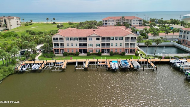 aerial view featuring a water view