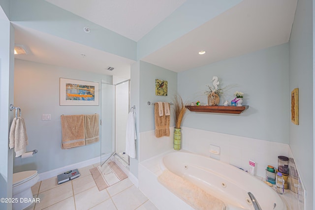 bathroom featuring toilet, a stall shower, a tub with jets, and tile patterned floors