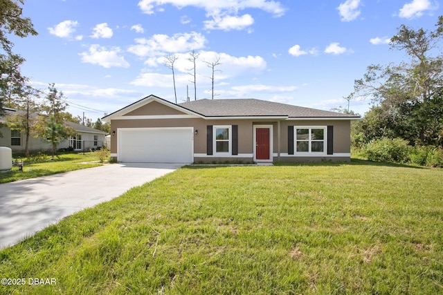 ranch-style house with a garage and a front lawn