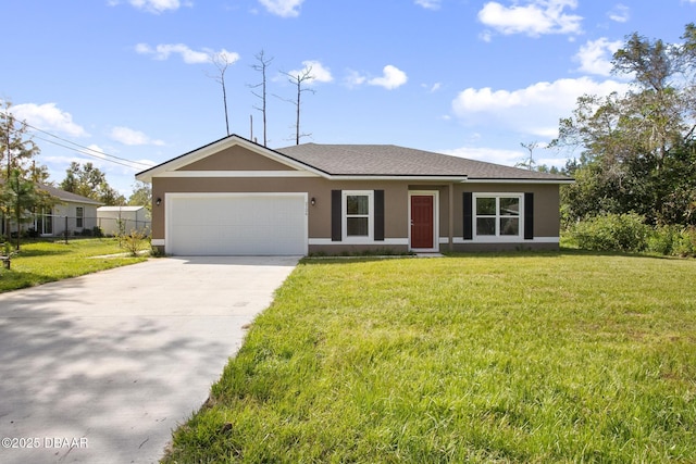 ranch-style home with a front yard and a garage