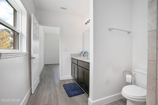 bathroom featuring vanity, a healthy amount of sunlight, toilet, and wood-type flooring