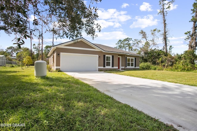 ranch-style home with a garage and a front lawn