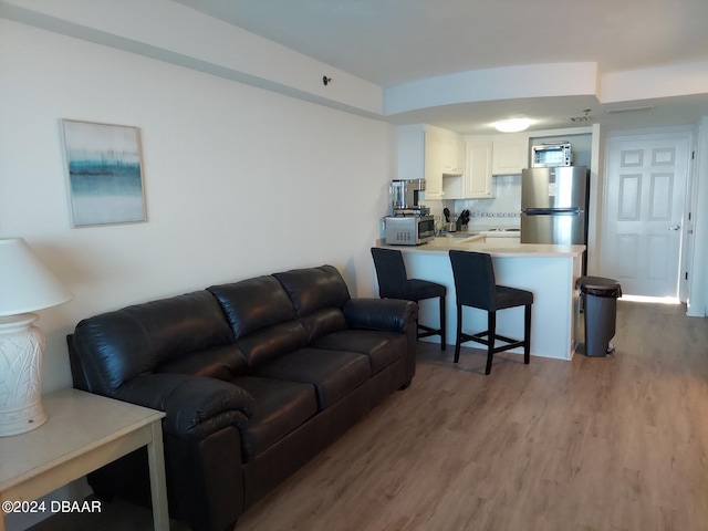 living room with light wood-type flooring and sink