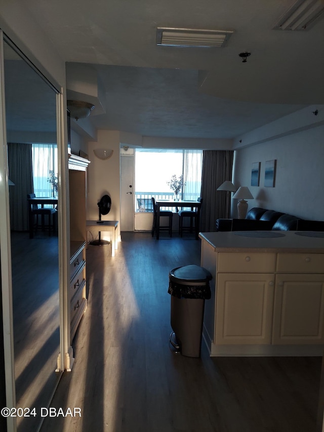 kitchen with white cabinets and dark wood-type flooring