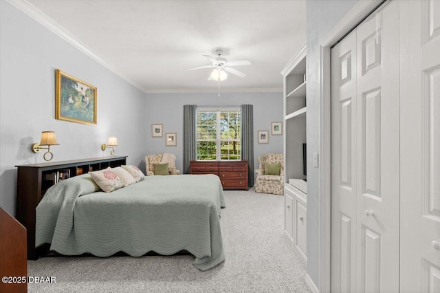 3356 Newbliss Cir, Ormond Beach, FL 32174 - bedroom featuring crown molding, light colored carpet, and ceiling fan