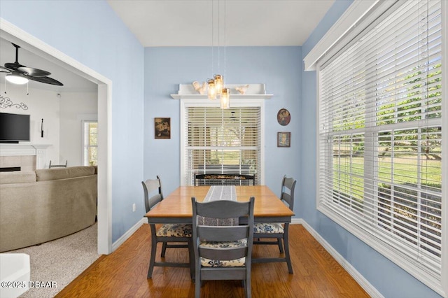 3356 Newbliss Cir, Ormond Beach, FL 32174 - dining area with baseboards, wood finished floors, and ceiling fan with notable chandelier