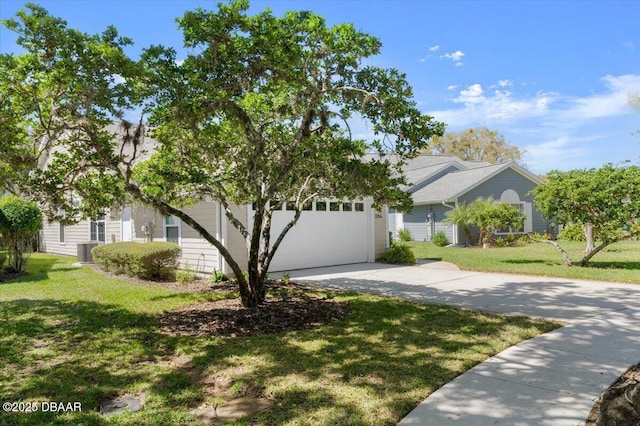 3356 Newbliss Cir, Ormond Beach, FL 32174 - obstructed view of property with central AC unit, a front lawn, concrete driveway, and a garage