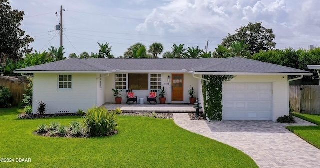 ranch-style home featuring a garage and a front lawn