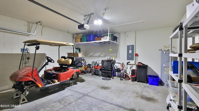 551 Armoyan Way, New Smyrna Beach, FL 32168 - garage with water heater, a garage door opener, concrete block wall, and electric panel