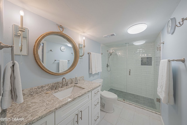 4641 S Atlantic Ave Unit 107, Ponce Inlet, FL 32127 - bathroom featuring vanity, a shower stall, tile patterned flooring, and toilet
