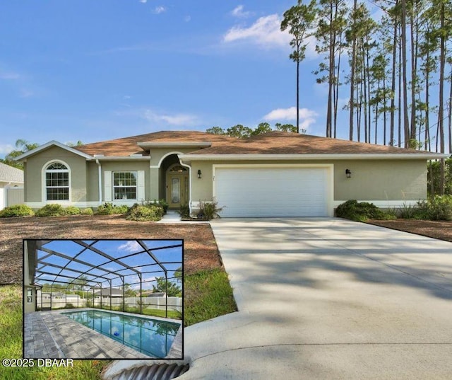 25 Egret Trl, Palm Coast, FL 32164 - ranch-style home featuring stucco siding, an attached garage, driveway, glass enclosure, and an outdoor pool