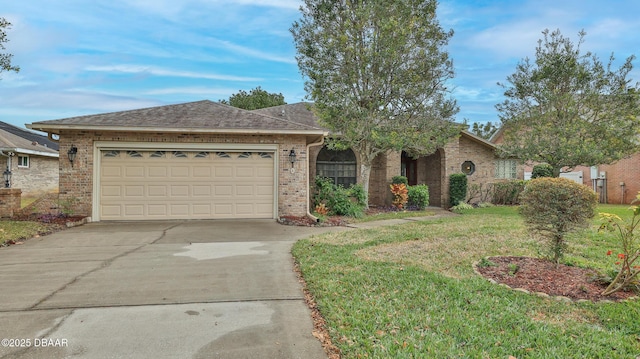 ranch-style home featuring a front yard and a garage