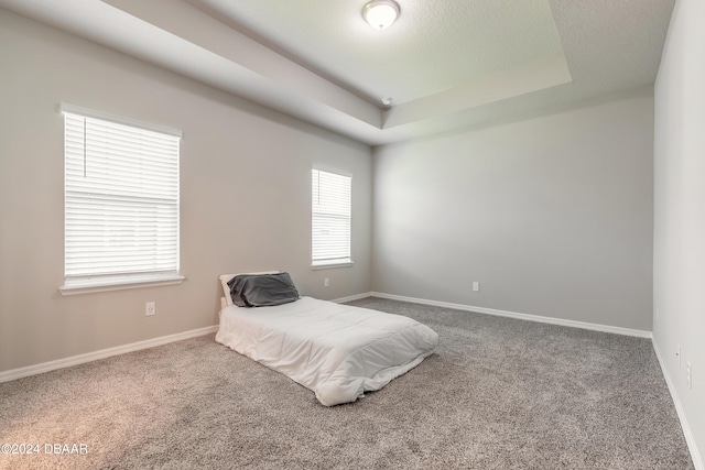 bedroom featuring a tray ceiling and carpet flooring