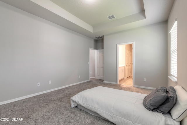 carpeted bedroom with ensuite bath and a raised ceiling