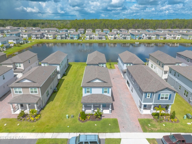 aerial view featuring a water view