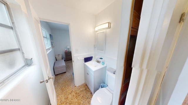 bathroom featuring vanity, toilet, and speckled floor