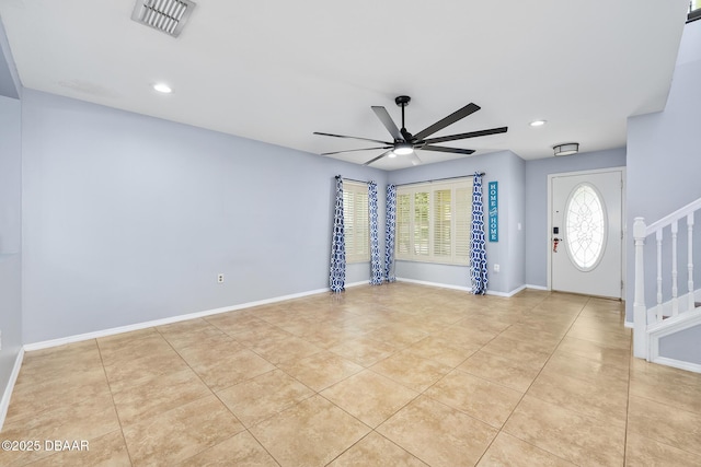 5 Cantilever Ct, Ormond Beach, FL 32174 - spare room featuring a ceiling fan, light tile patterned floors, stairway, recessed lighting, and baseboards