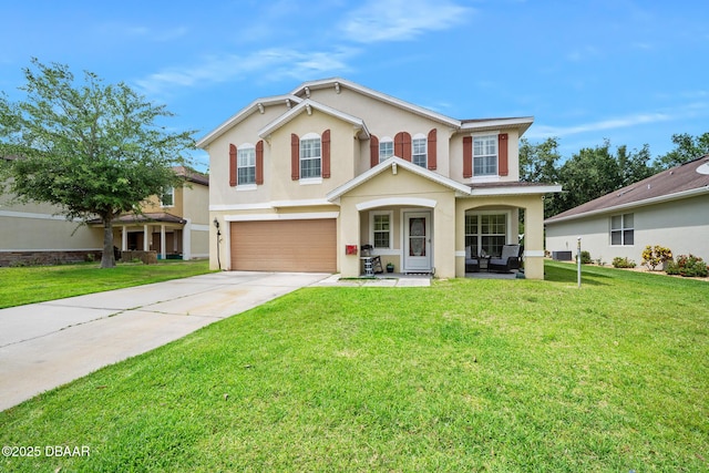 5 Cantilever Ct, Ormond Beach, FL 32174 - traditional-style home with stucco siding, an attached garage, driveway, a porch, and a front yard