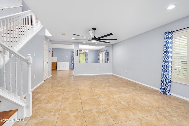 5 Cantilever Ct, Ormond Beach, FL 32174 - unfurnished living room featuring light tile patterned flooring, a chandelier, stairway, recessed lighting, and ceiling fan