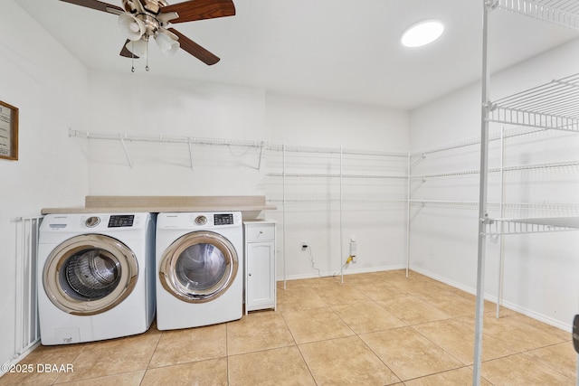5 Cantilever Ct, Ormond Beach, FL 32174 - laundry room with cabinet space, washer and dryer, a ceiling fan, and light tile patterned floors