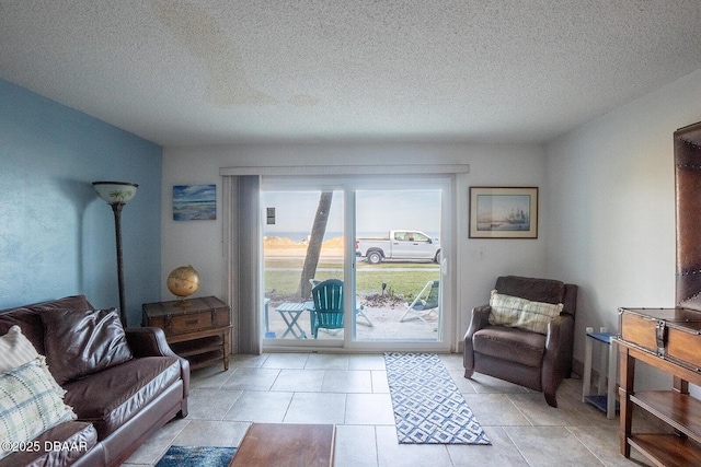 living room featuring a textured ceiling