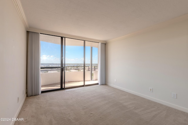 unfurnished room featuring expansive windows, light colored carpet, a textured ceiling, and ornamental molding