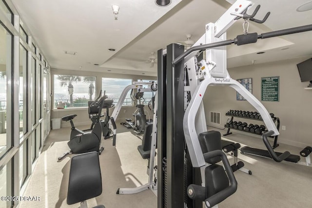 exercise room featuring light carpet and ceiling fan