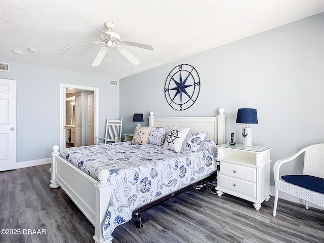 bedroom with dark wood-type flooring and ceiling fan