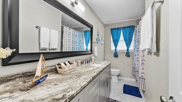 full bath with baseboards, toilet, marble finish floor, and vanity