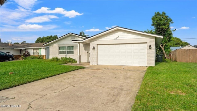 ranch-style home with a front yard, fence, driveway, a garage, and brick siding