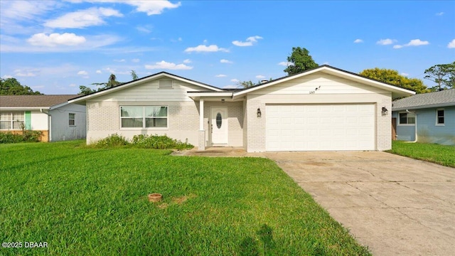 ranch-style home with a front lawn, brick siding, a garage, and driveway