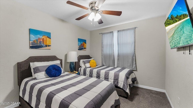 carpeted bedroom with baseboards and a ceiling fan