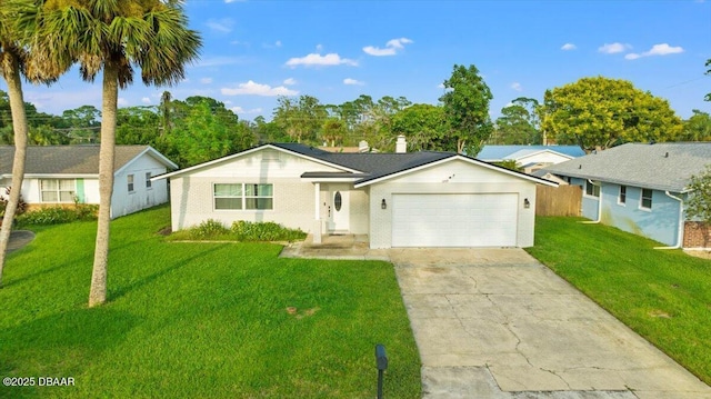 single story home featuring brick siding, a front lawn, concrete driveway, and an attached garage