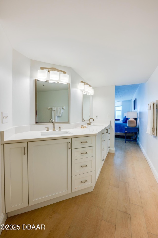 full bathroom featuring double vanity, wood finished floors, and a sink